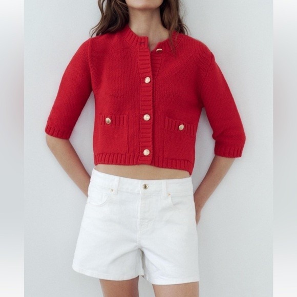Zara Sweaters - Zara Cardigan Sweater Womens S Red Gold Button Textured Knit Cropped 3/4 Sleeve